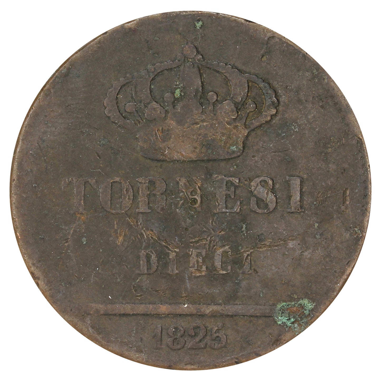 Italian States 1825 Naples 10 Tornesi G-VG (G6) (Corroded)