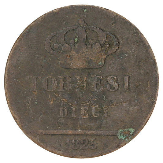 Italian States 1825 Naples 10 Tornesi G-VG (G6) (Corroded)
