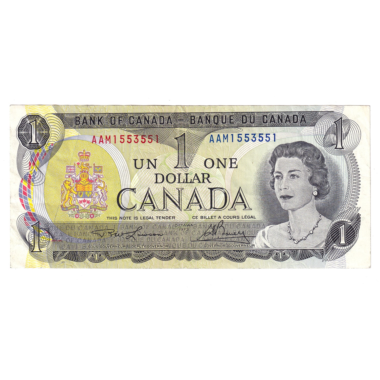 BC-46a-i 1973 Canada $1 Note Lawson-Bouey, 3 Digit RADAR AAM1553551, VF