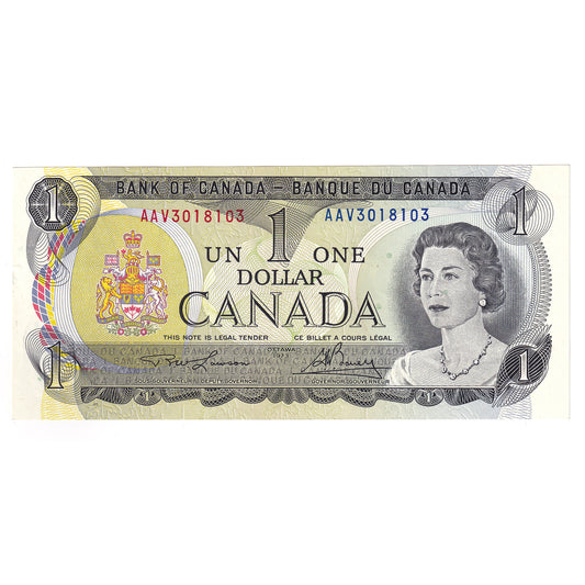 BC-42c-i 1973 Canada $1 Note Lawson-Bouey, 4 Digit RADAR AAV3018103, AU