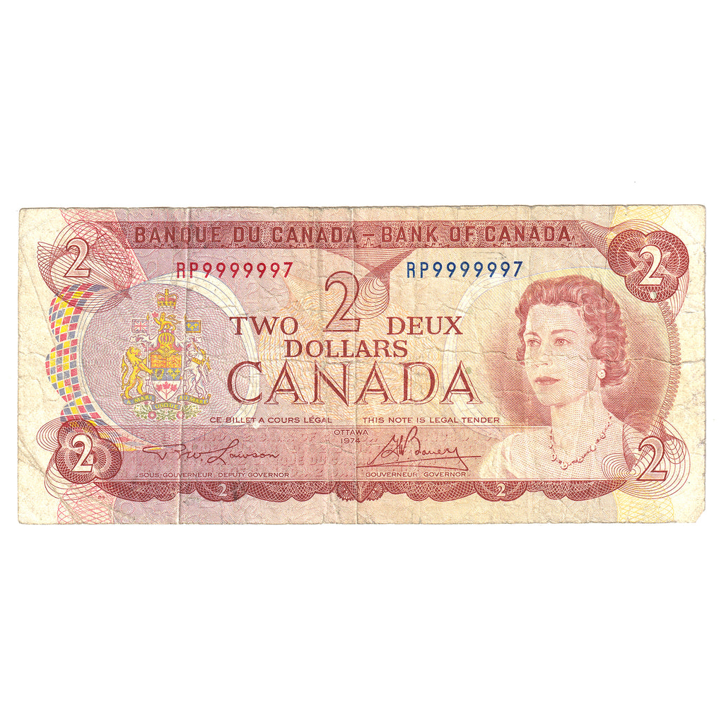BC-47a 1974 Canada $2 Note Lawson-Bouey, RP with Neat Serial Number 9999997, Circulated