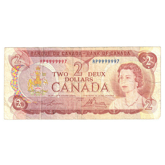 BC-47a 1974 Canada $2 Note Lawson-Bouey, RP with Neat Serial Number 9999997, Circulated