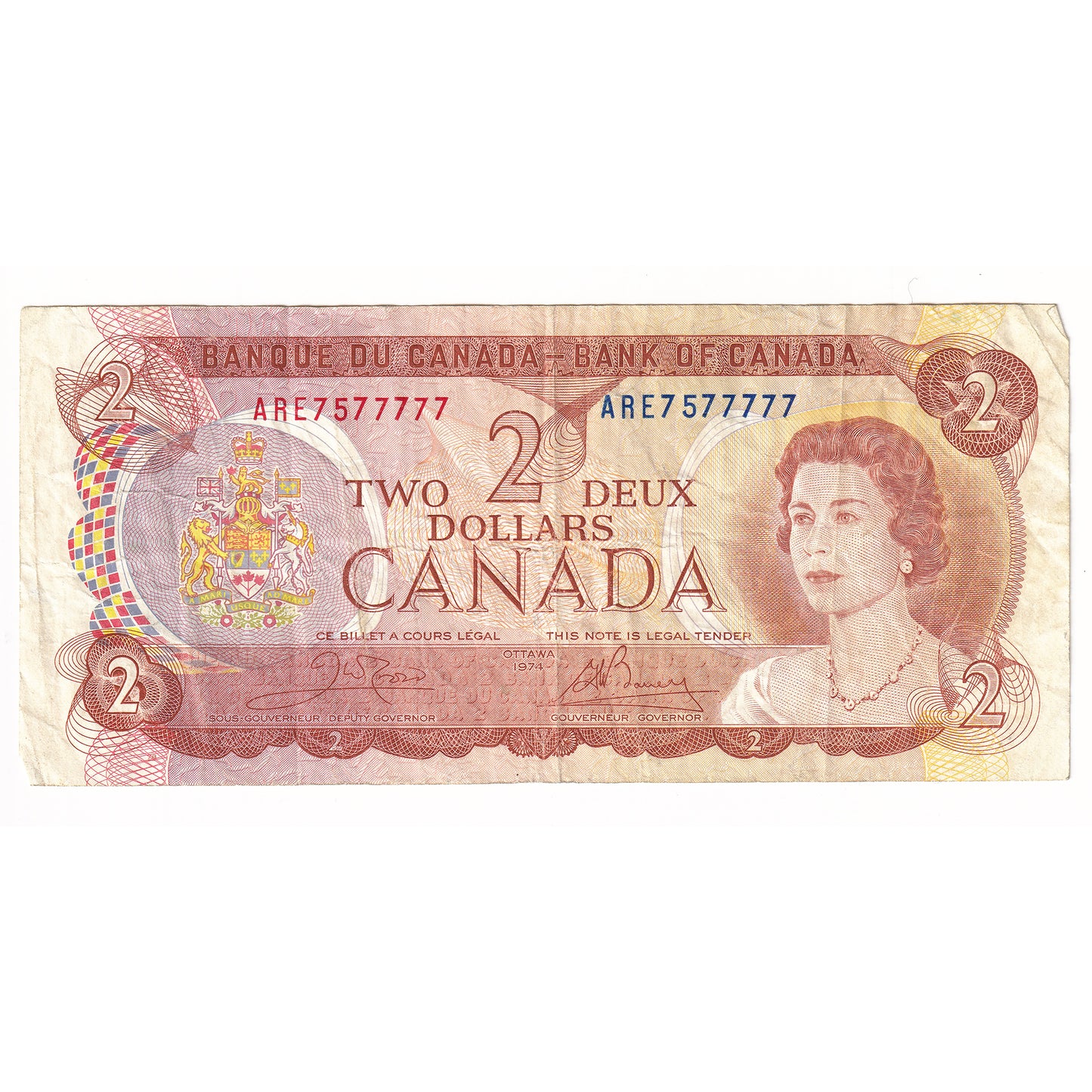 BC-47b 1974 Canada $2 Note Crow-Bouey, ARE with Neat Serial Number 7577777, Circulated