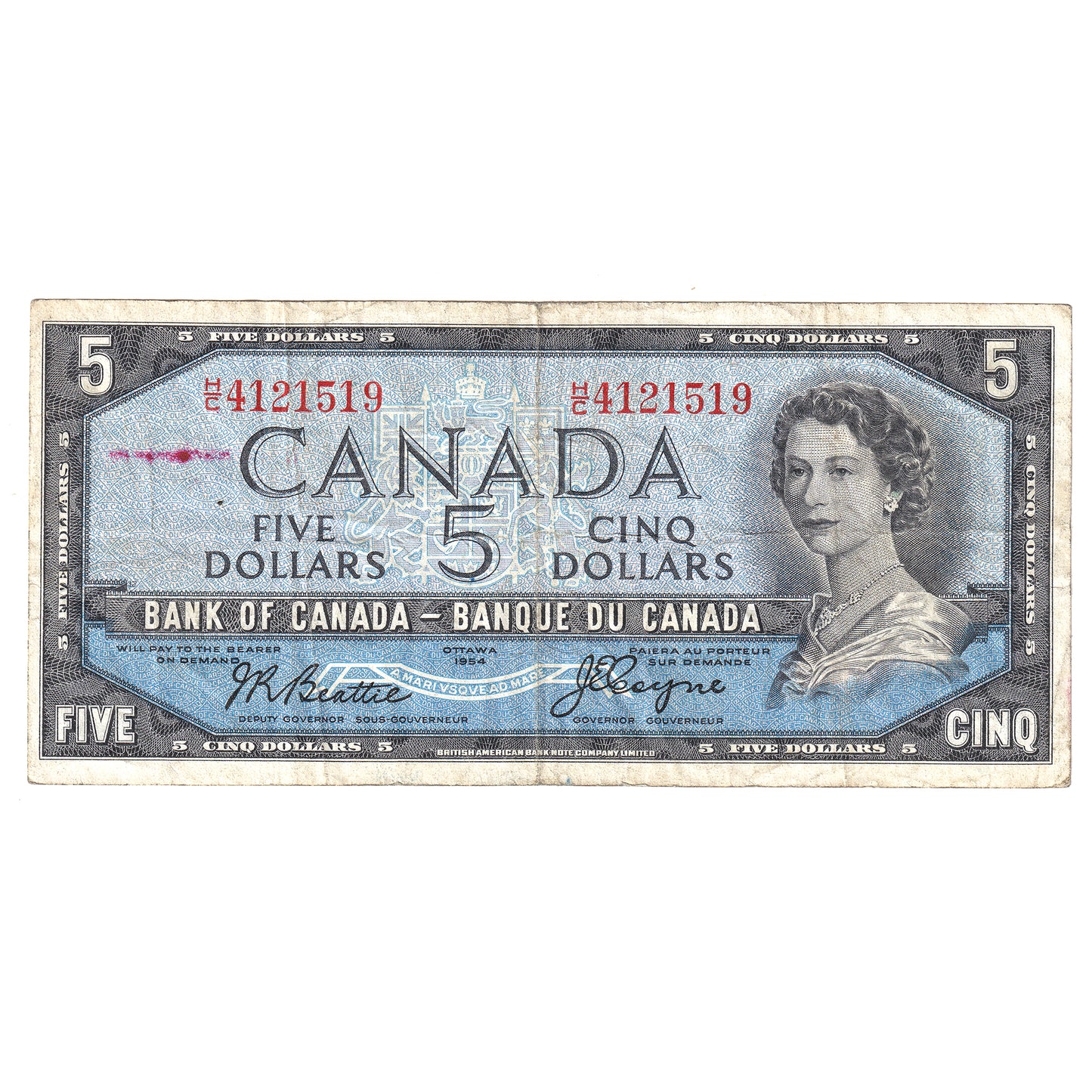 BC-31b 1954 Canada $5 Note Beattie-Coyne, H/C, VF (stain)