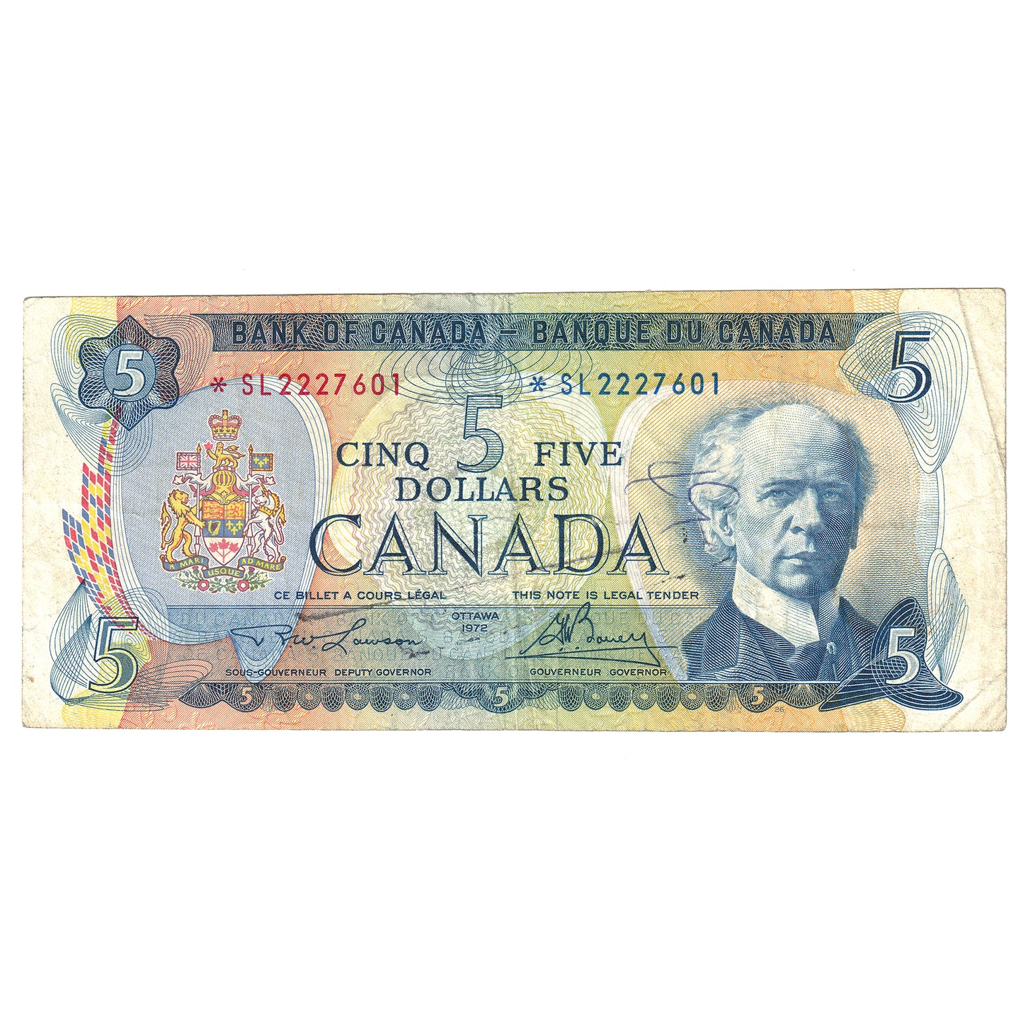BC-48bA 1972 Canada $5 Note Lawson-Bouey, *SL, F-VF (writing)