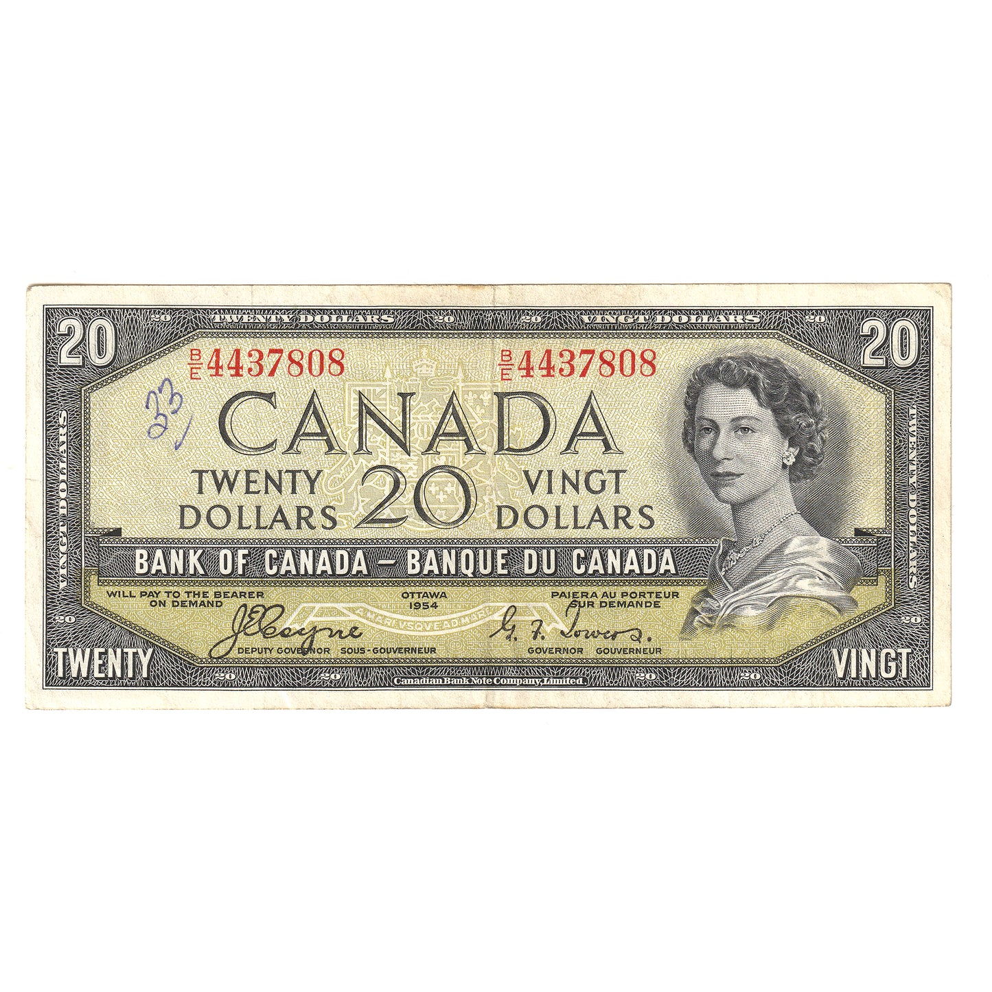 BC-33a 1954 Canada $20 Note Coyne-Towers, B/E, VF-EF (writing)