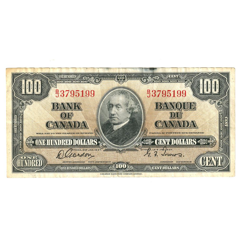 BC-27b 1937 Canada $100 Note Gordon-Towers, B/J, EF (damaged or stained)