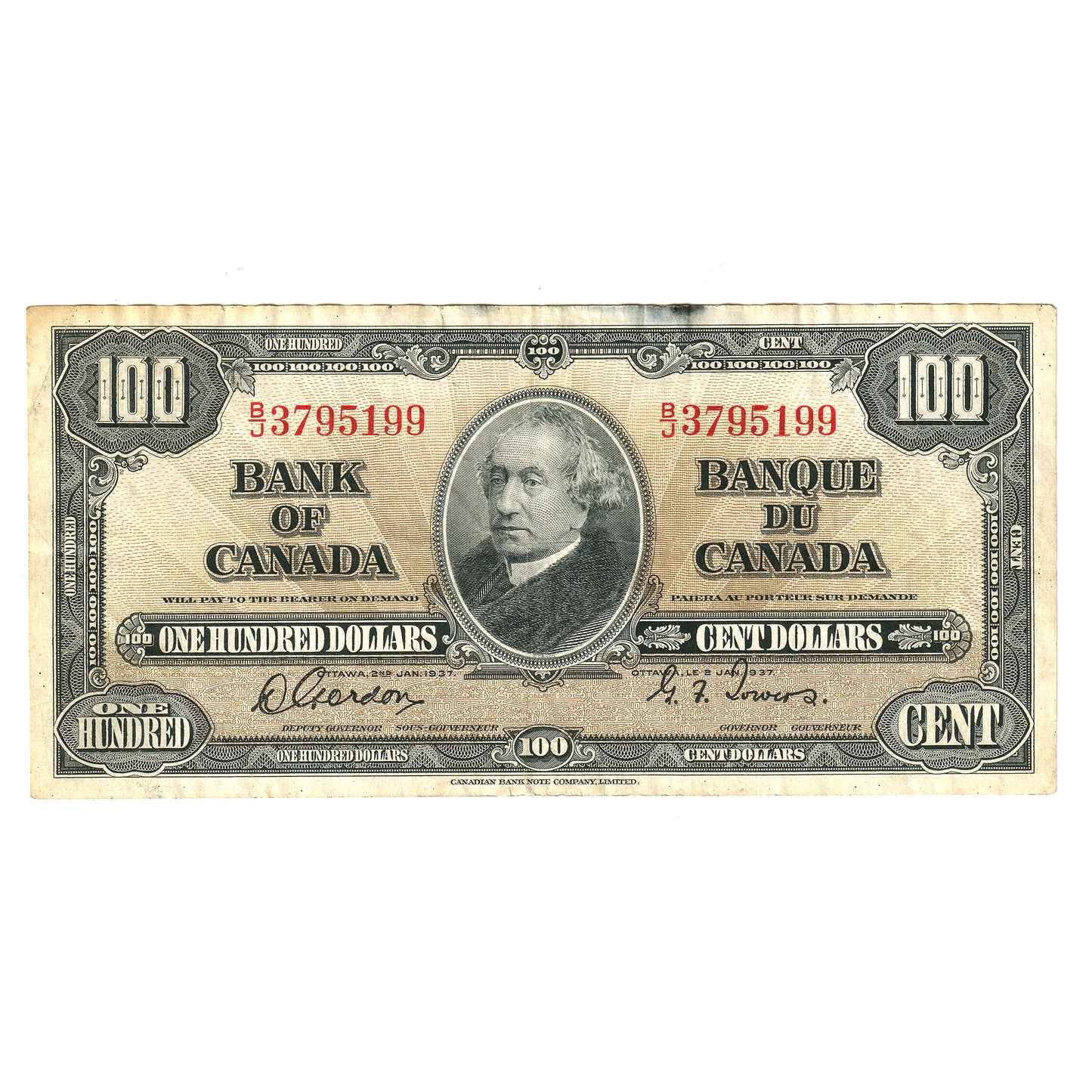 BC-27b 1937 Canada $100 Note Gordon-Towers, B/J, EF (damaged or stained)