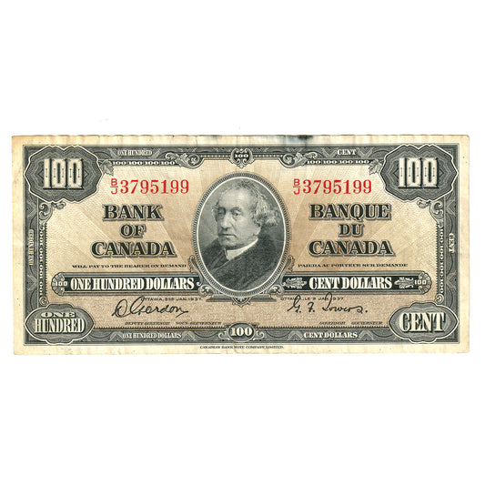 BC-27b 1937 Canada $100 Note Gordon-Towers, B/J, EF (damaged or stained)