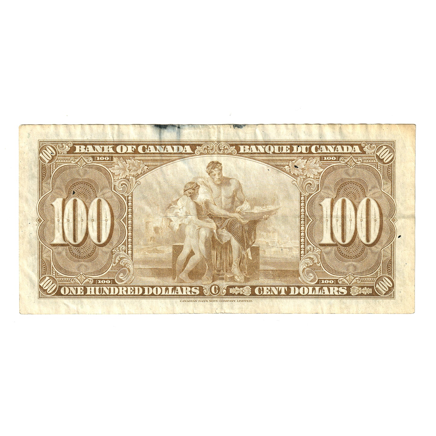 BC-27b 1937 Canada $100 Note Gordon-Towers, B/J, EF (damaged or stained)