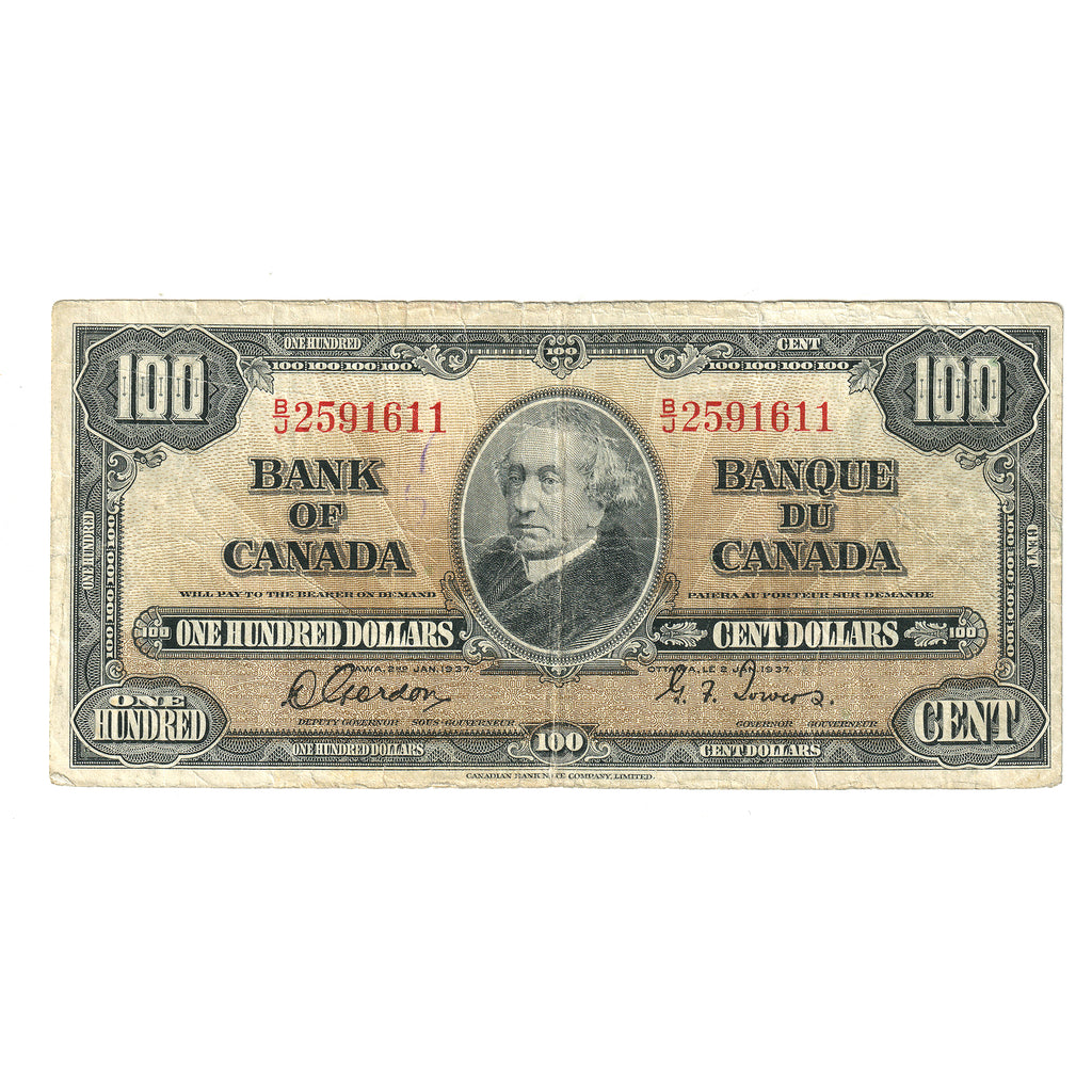BC-27b 1937 Canada $100 Note Gordon-Towers, B/J, VG-F (damaged)