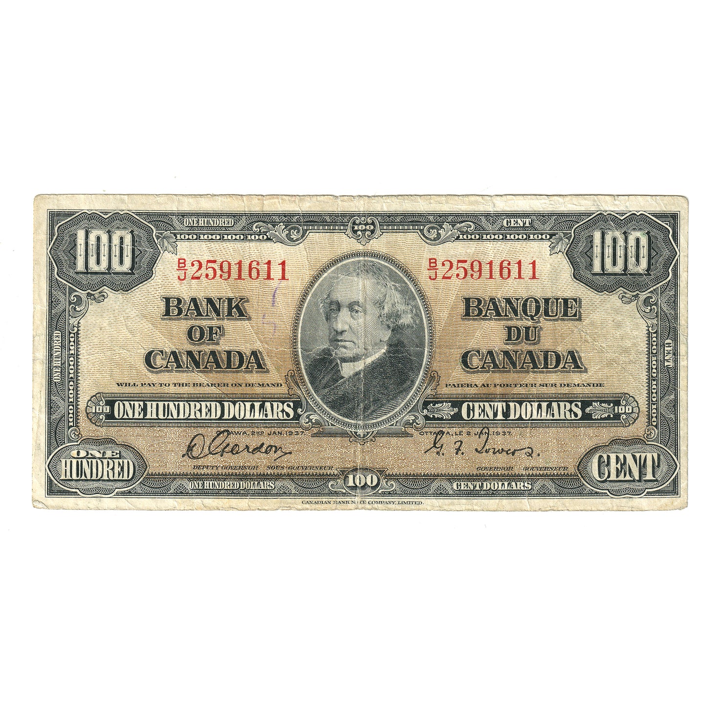 BC-27b 1937 Canada $100 Note Gordon-Towers, B/J, VG-F (damaged)
