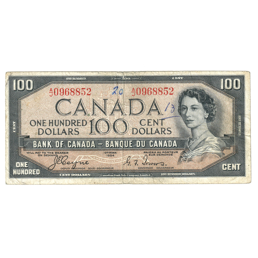 BC-35a 1954 Canada $100 Note Coyne-Towers, A/J, Circulated (writing)