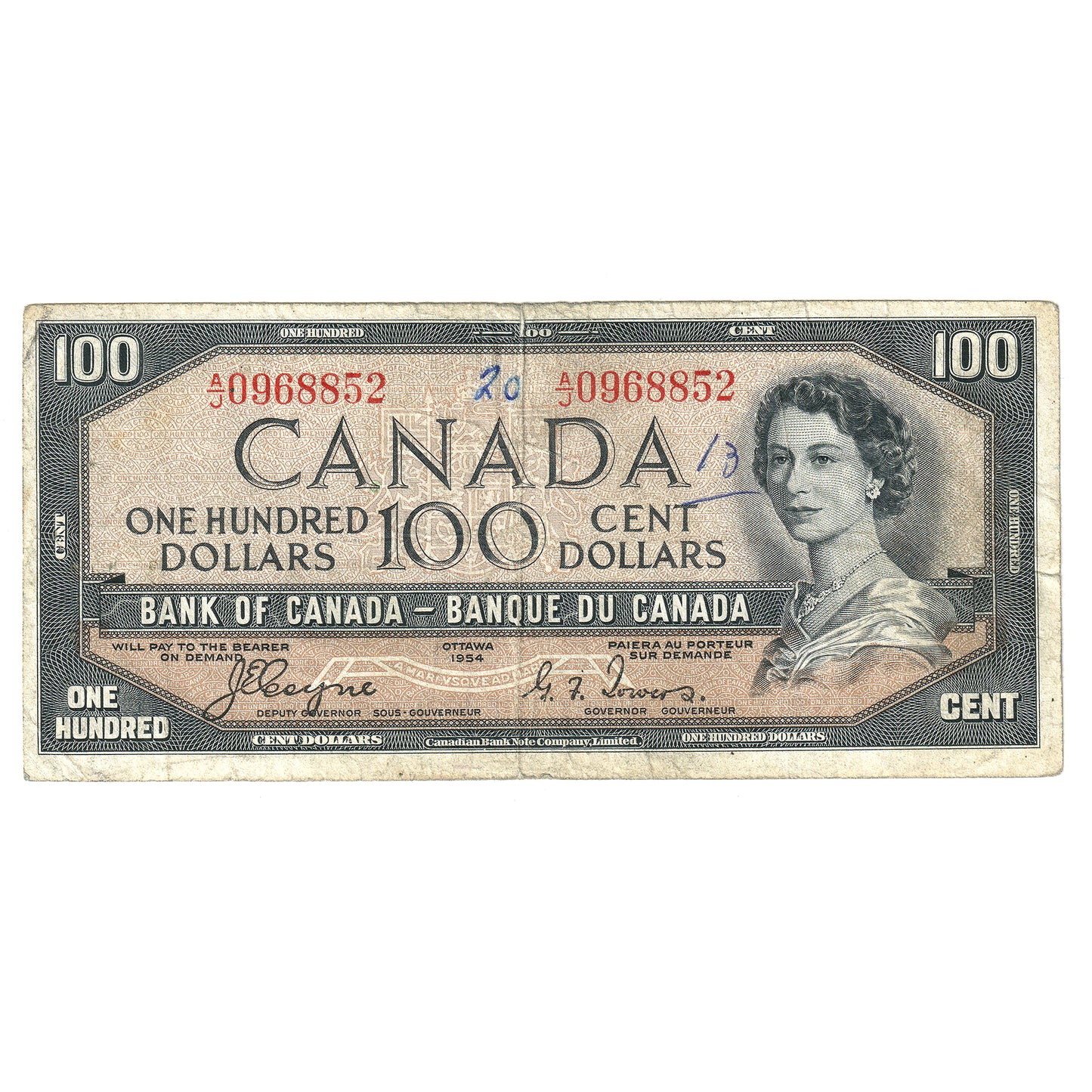 BC-35a 1954 Canada $100 Note Coyne-Towers, A/J, Circulated (writing)