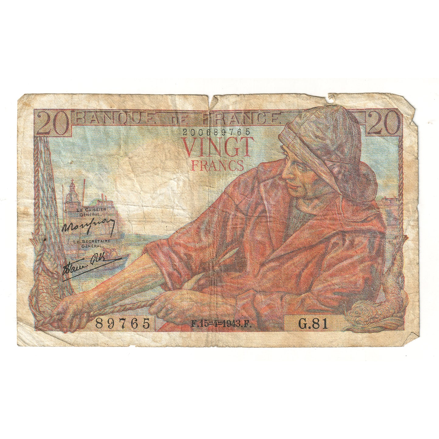 France 1943 20 Franc Note (damaged)