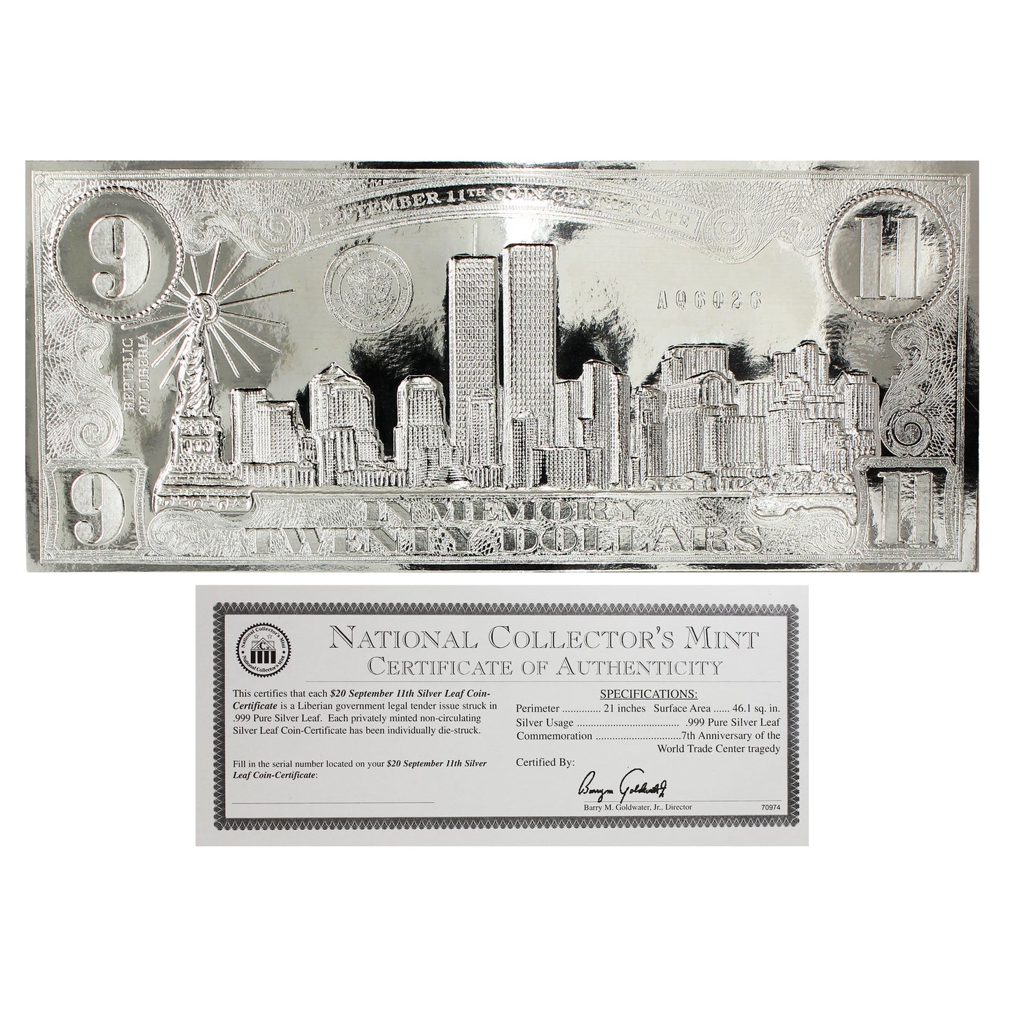 Republic of Liberia 2008 $20 9/11 Silver Leaf Note Certificate with COA