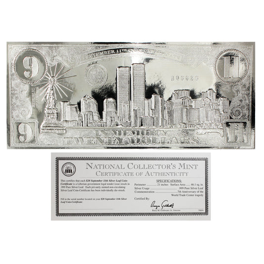 Republic of Liberia 2008 $20 9/11 Silver Leaf Note Certificate with COA