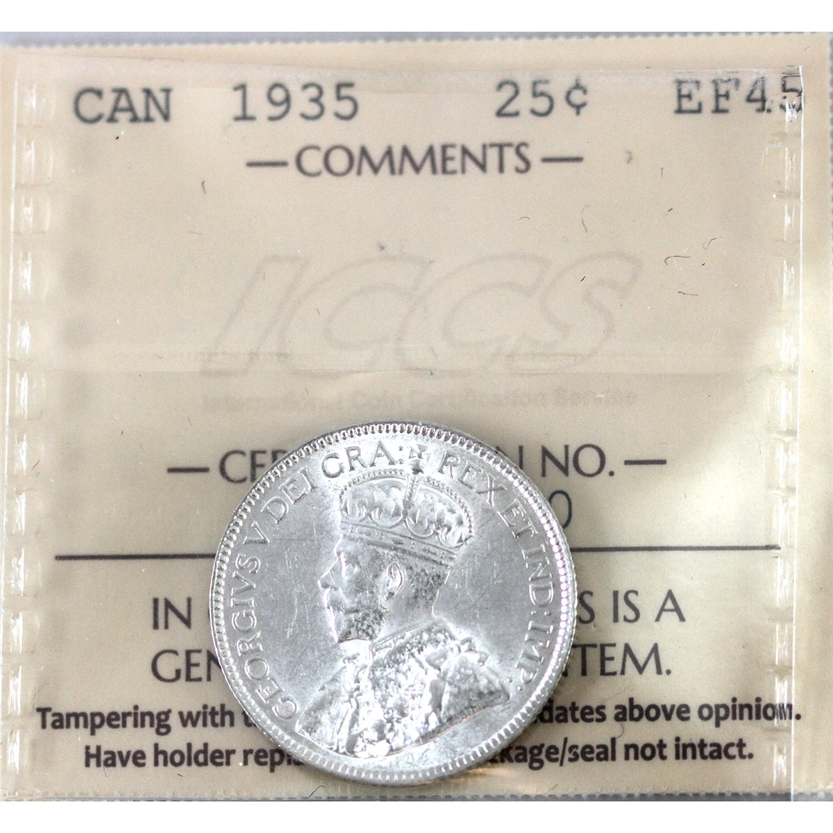 1935 Canada 25-cents ICCS Certified EF45