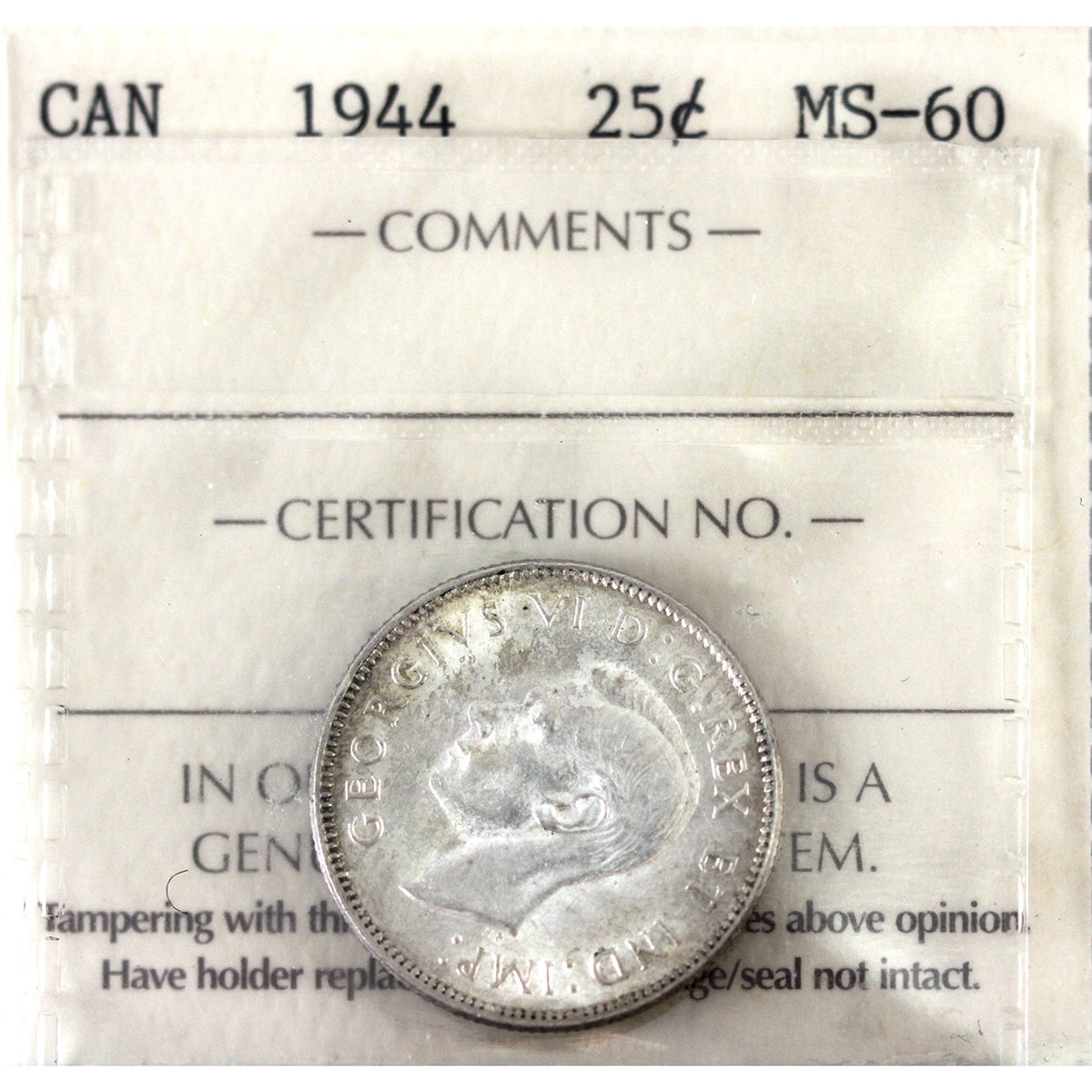 1944 Canada 25-cents ICCS Certified MS60