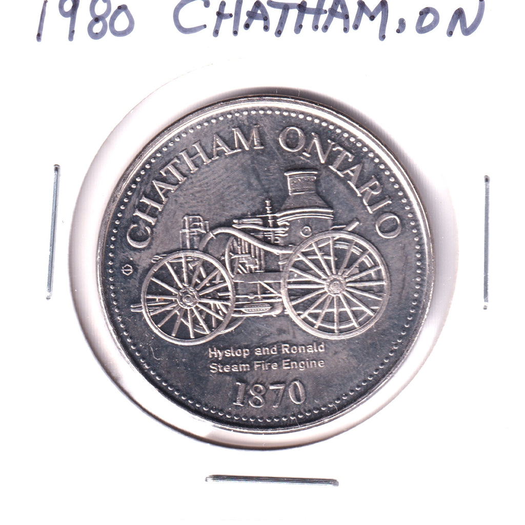 1980 Chatham, ON, Souvenir Dollar Trade Token: Hyslop and Ronald Steam Fire Engine