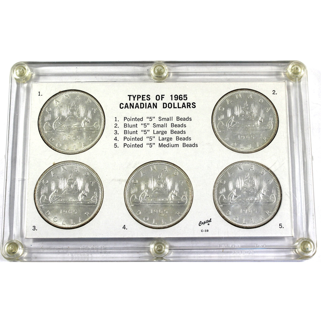 Set of All 5x 1965 Canada Dollar Varieties, 5Pcs in Clear Case (Issues)