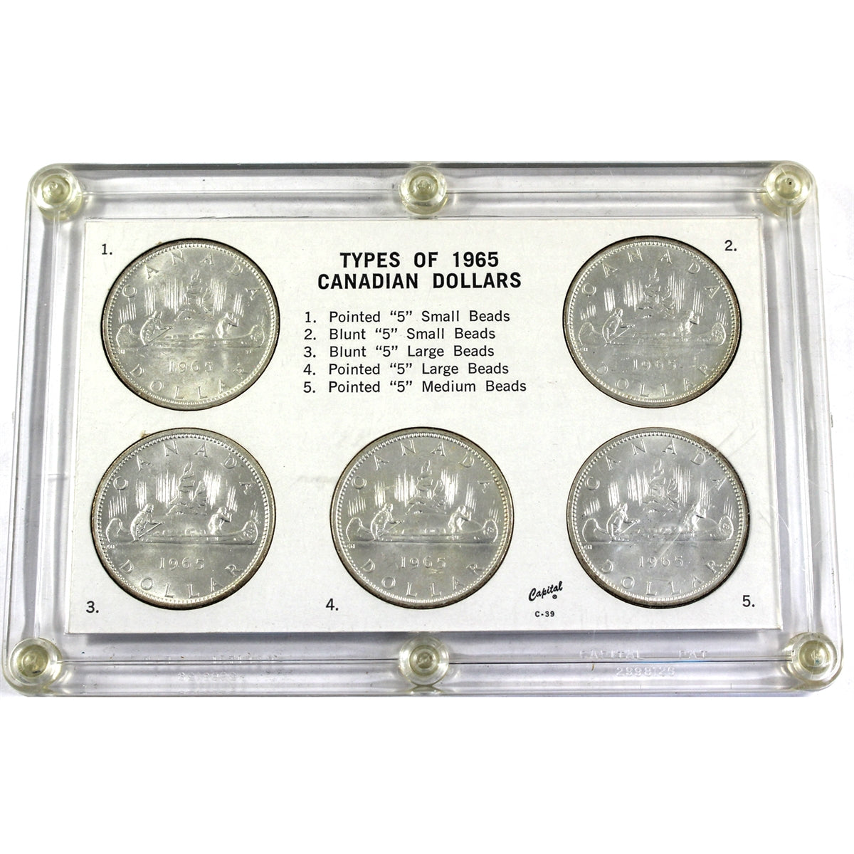 Set of All 5x 1965 Canada Dollar Varieties, 5Pcs in Clear Case (Issues)