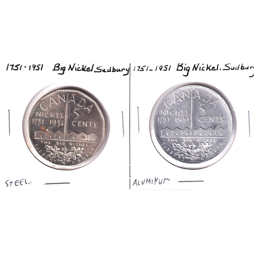 Pair of 1951 Sudbury Big Nickel Steel & Aluminum Medallions, 2Pcs (Corrosion on steel)