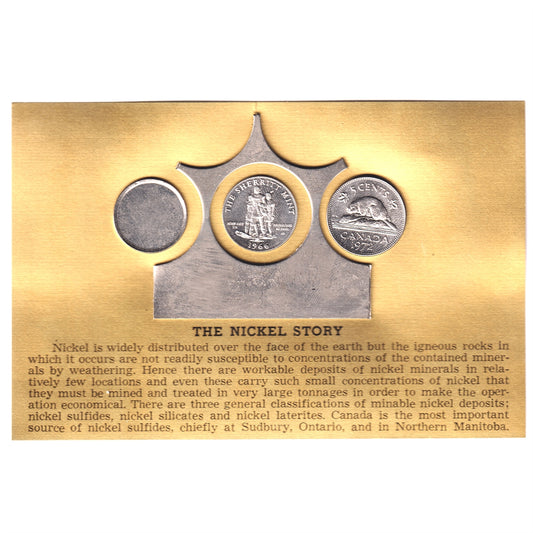 The Nickel Story Set of 1966 Sherritt Mint Medallion, Blank & 1972 5-cents in Folder