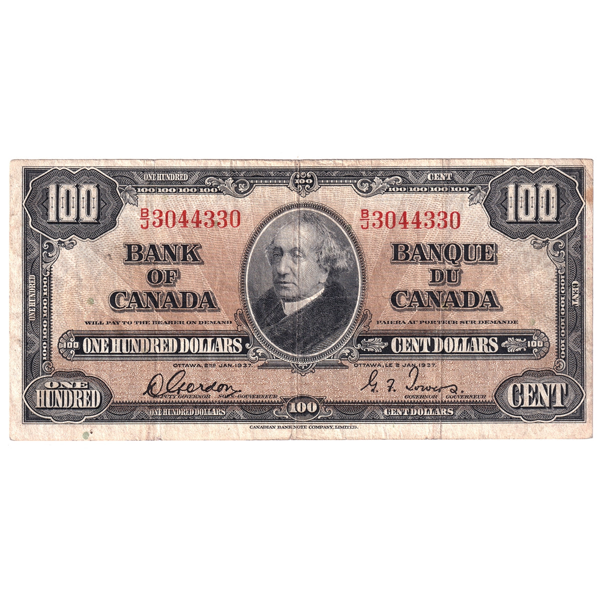BC-27b 1937 Canada $100 Note, Gordon-Towers, VF-EF (VF-30) Stain, Tear or impaired.