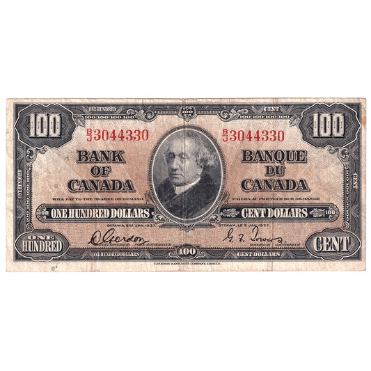 BC-27b 1937 Canada $100 Note, Gordon-Towers, VF-EF (VF-30) Stain, Tear or impaired.
