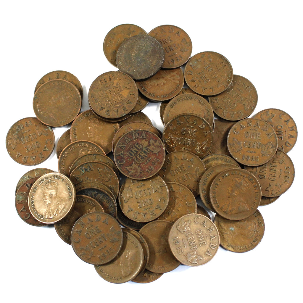 Lot of 50x 1935 Canada George V 1-cents, Average Circulated Condition, 50Pcs