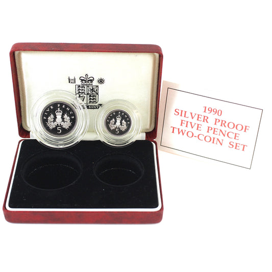 Great Britain 1990 Sterling Silver Proof 5 Pence Two-coin Set in Case (Issues)