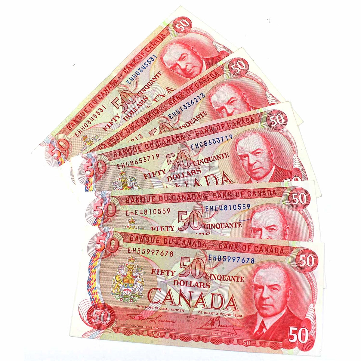 Lot of 5x 1975 Canada $50 Notes with All Different Prefixes, 5Pcs