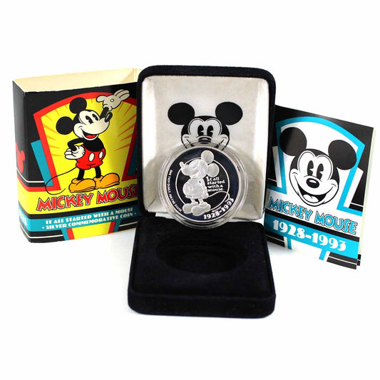1993 Mickey Mouse 65 Year 1oz Silver Medallion in Case (No Tax) Wear/Light Toning