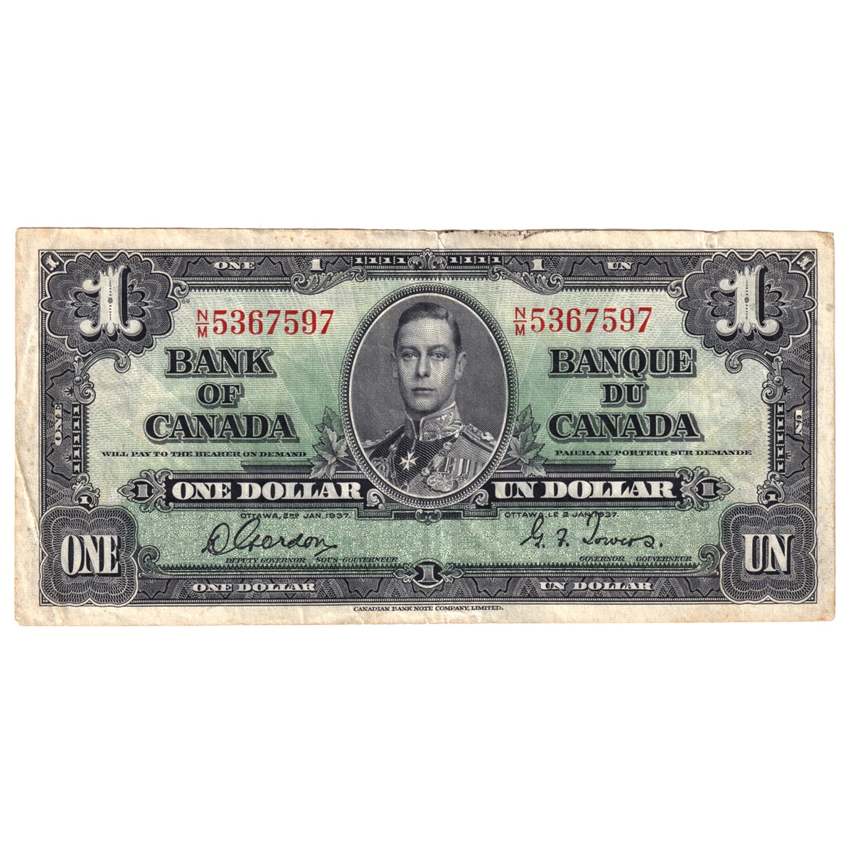 BC-21c 1937 Canada $1 Note, Gordon-Towers, Very Fine (VF20) Tears, Stains, or Damaged