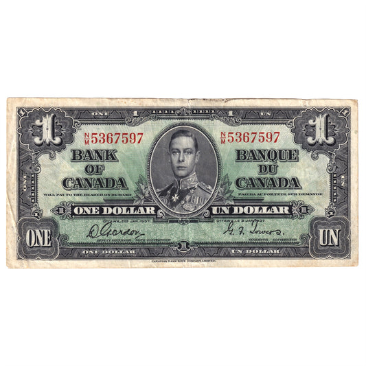 BC-21c 1937 Canada $1 Note, Gordon-Towers, Very Fine (VF20) Tears, Stains, or Damaged