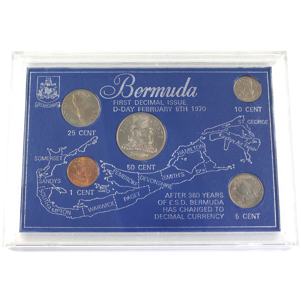 Bermuda 1970 First Decimal Issue 5-coin Set in Holder (Cent lightly toned)