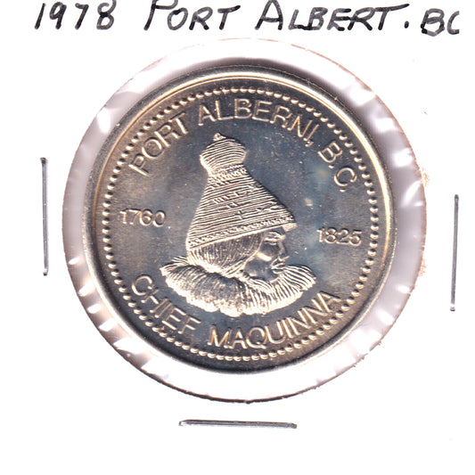 1978 Port Alberni, BC, Captain Cook Bicentennial Medallion: Chief Maquinna (Toning)