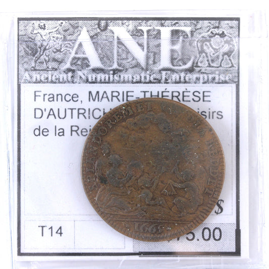 France 1665 Maria Theresa of Austria - Menus Plaisirs de la Reine Copper Token, Very Fine (VF20)