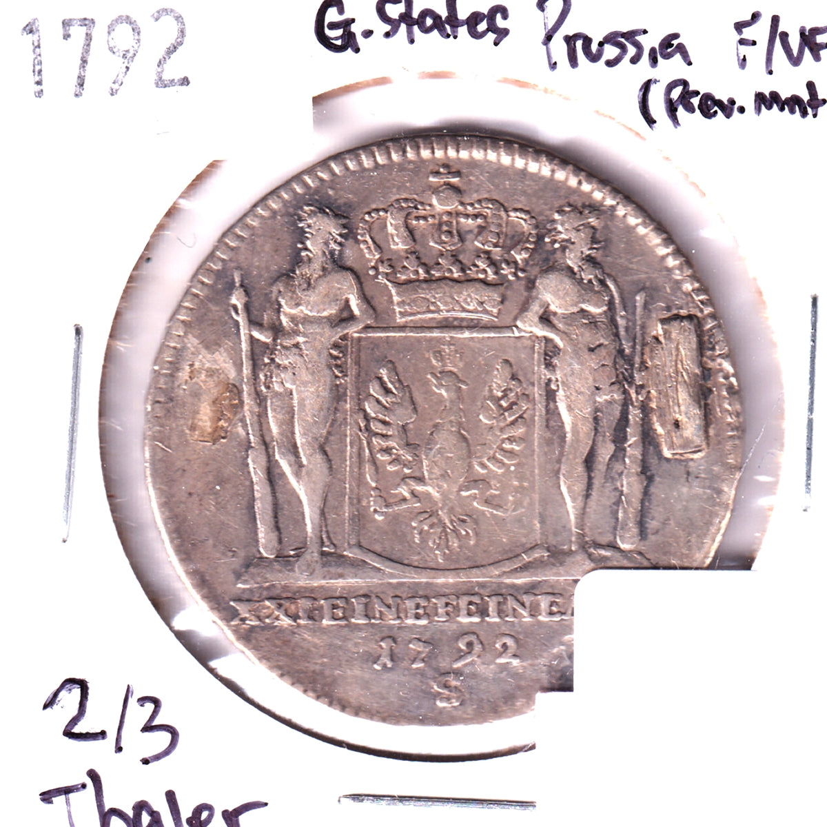 German States 1792 Prussia 2/3 Thaler, .720 Silver, F-VF (F15) Previously Mounted