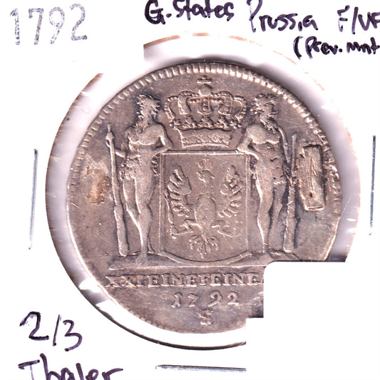 German States 1792 Prussia 2/3 Thaler, .720 Silver, F-VF (F15) Previously Mounted