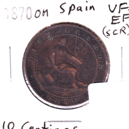 Spain 1870OM 10 Centimos, VF-EF (VF30) Scratched