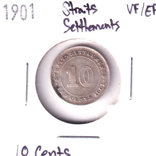 Straits Settlements 1901 10 Cents, .800 Silver, VF-EF (VF30)