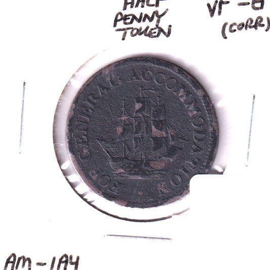 AM-1A4 Pure Copper Preferable to Paper Half Penny Token, VF-EF (VF30) Corrosion