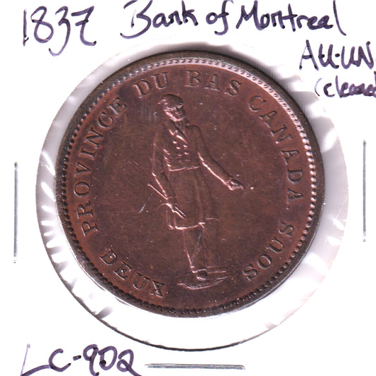 LC-9D2 1837 Lower Canada, Bank of Montreal Penny Token, AU-UNC (AU55) Cleaned