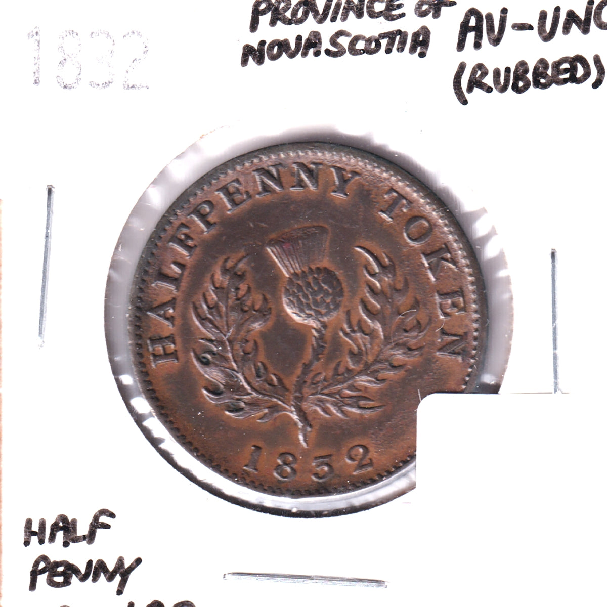 LC-1D3 1832 Nova Scotia Thistle Halfpenny Token, AU-UNC (AU55) Rubbed