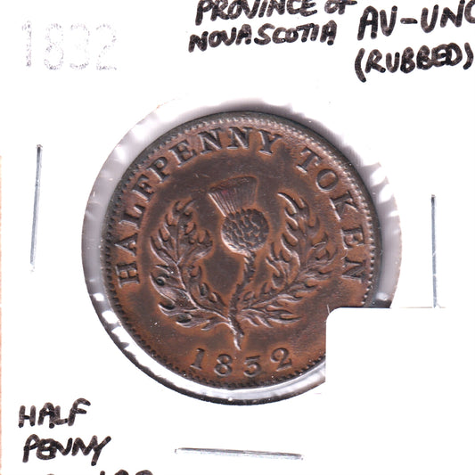LC-1D3 1832 Nova Scotia Thistle Halfpenny Token, AU-UNC (AU55) Rubbed
