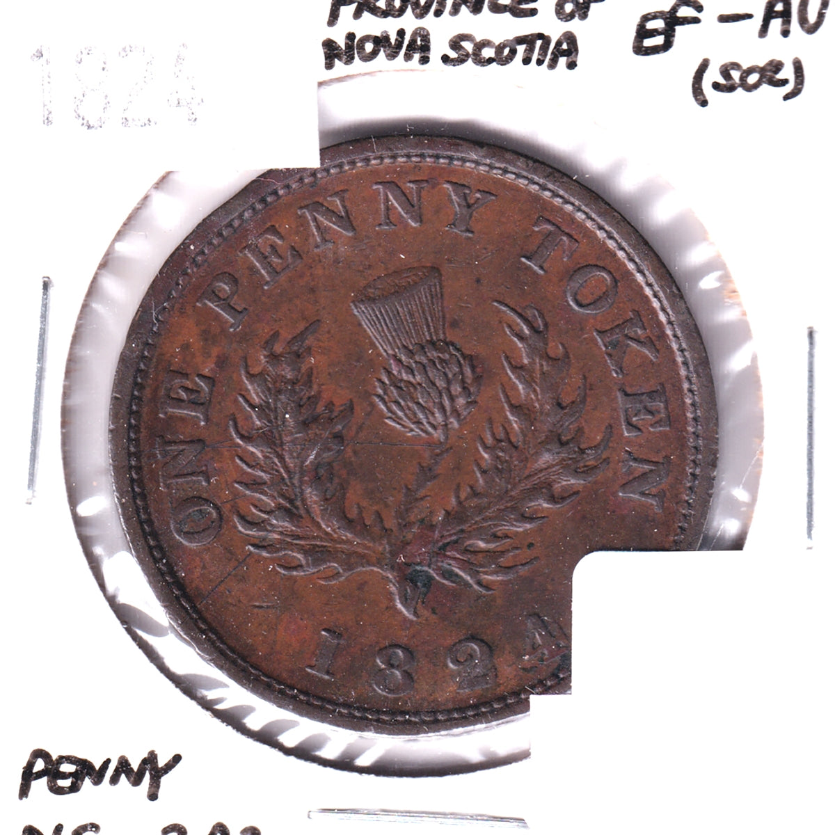 NS-2A2 1824 Nova Scotia Thistle Penny Token, EF-AU (EF45) Scratched