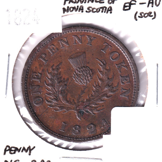 NS-2A2 1824 Nova Scotia Thistle Penny Token, EF-AU (EF45) Scratched