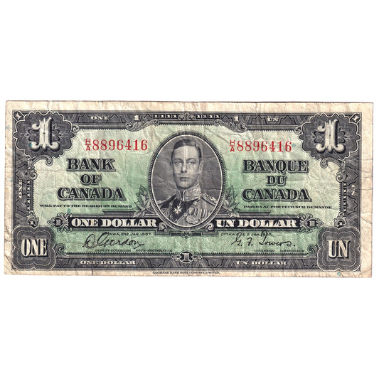 BC-21b 1937 Canada $1 Gordon-Towers, Narrow Panel, H/A, Fine (Impaired)
